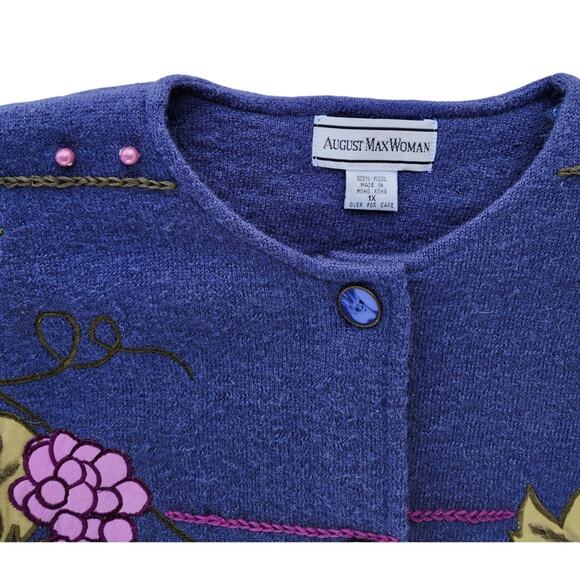 Vintage August Max Woman Wool Cardigan 1X Beaded Grapevine Pearl Sweater - Picture 5 of 8